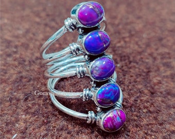 Lila Kupfer Türkis Ring, Fünf-Stein-Designer-Bandring, 925er Silberring, handgefertigter Ring, ovaler Steinring, Frauen-Geschenkschmuck, Boho-Ring