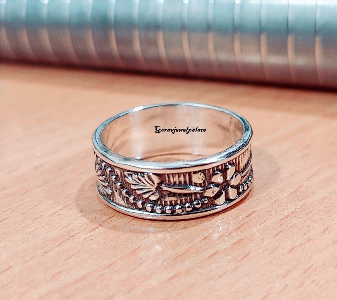 Floral 925 Sterling Silver Wide Band Ring: Handmade Boho Thumb Ring - Etsy