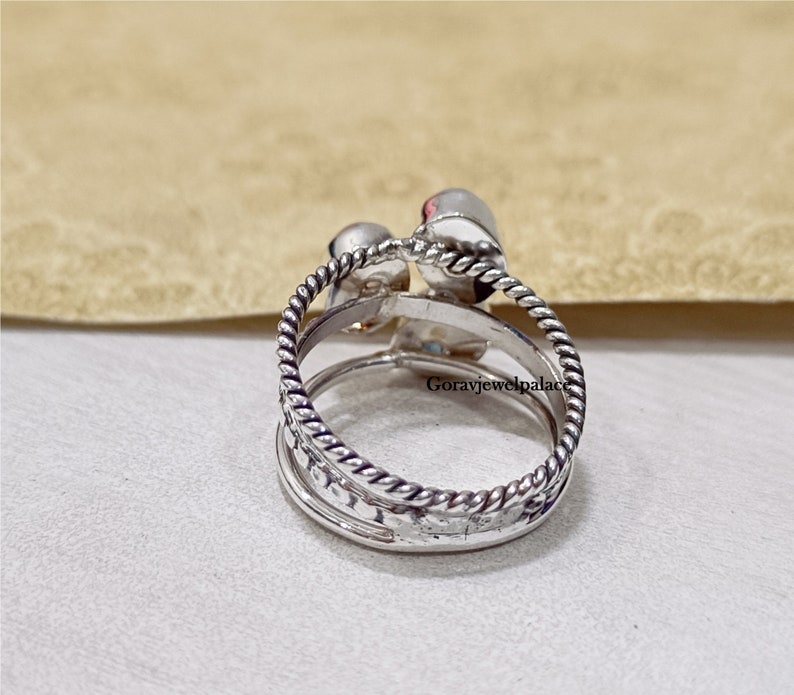 Moonstone & Aquamarine Ring, 925 Sterling Silver Ring, Three Band Handmade Ring, Oval Gemstone Ring, Women Jewelry, Rose quartz ring image 8