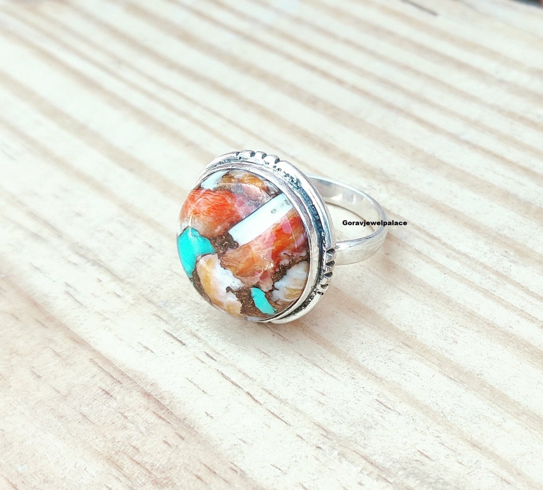 Oyster Copper Turquoise Ring, Round Stone Ring, 925 Sterling Silver ...