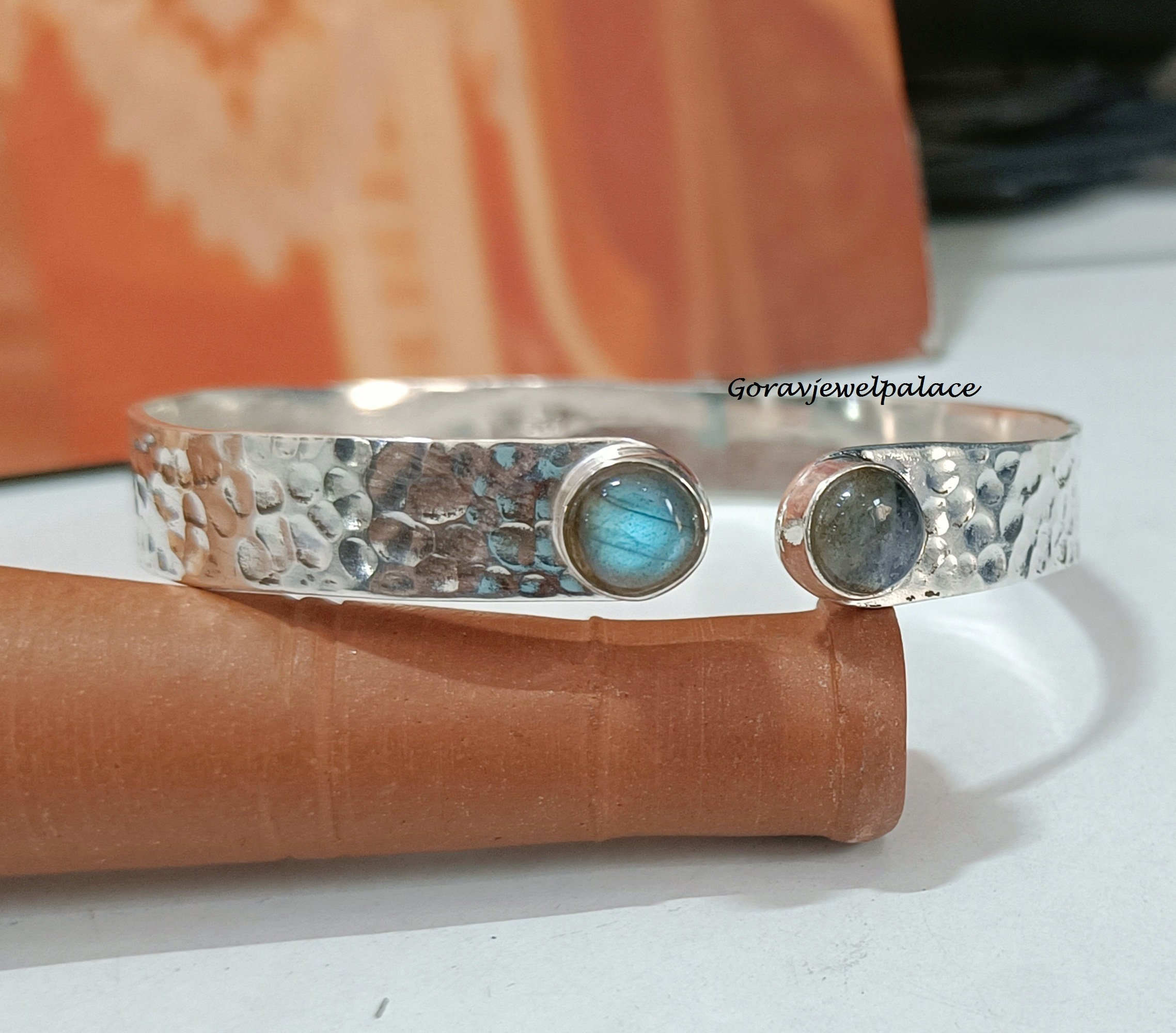 Hammered Labradorite Sterling Silver Bangle: Adjustable Open Cuff