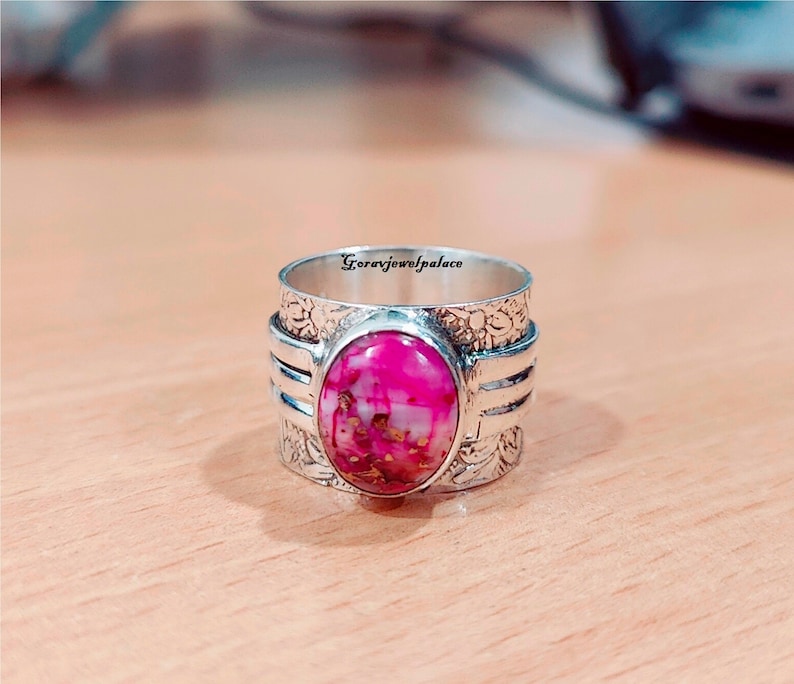 Anillo de prehnita, anillo de plata de ley 925, anillo hecho a mano, anillo de banda, joyería de mujer, anillo de piedra ovalada, joyería de regalo, anillo boho, joyería de prehnita. Pink Turquoise