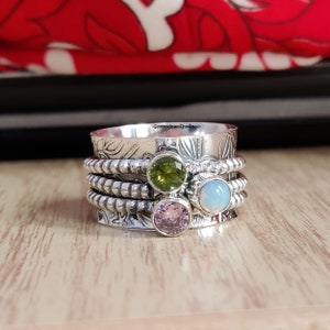 Handmade Sterling Silver Spinner Ring: Peridot, Opal & Rose Quartz
