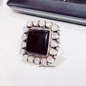 Anillo de ónix negro, anillo de plata de ley 925, anillo de piedra lunar, anillo hecho a mano, anillo hermoso, anillo de diseñador, regalo para ella, anillo de eventos, anillo boho