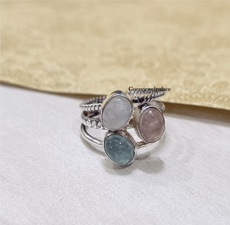 Moonstone & Aquamarine Ring, 925 Sterling Silver Ring, Three Band Handmade Ring, Oval Gemstone Ring, Women Jewelry, Rose quartz ring image 9