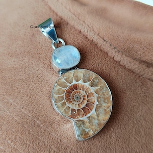 Ammonite Moonstone Pendant: 925 Sterling Silver Designer Jewelry