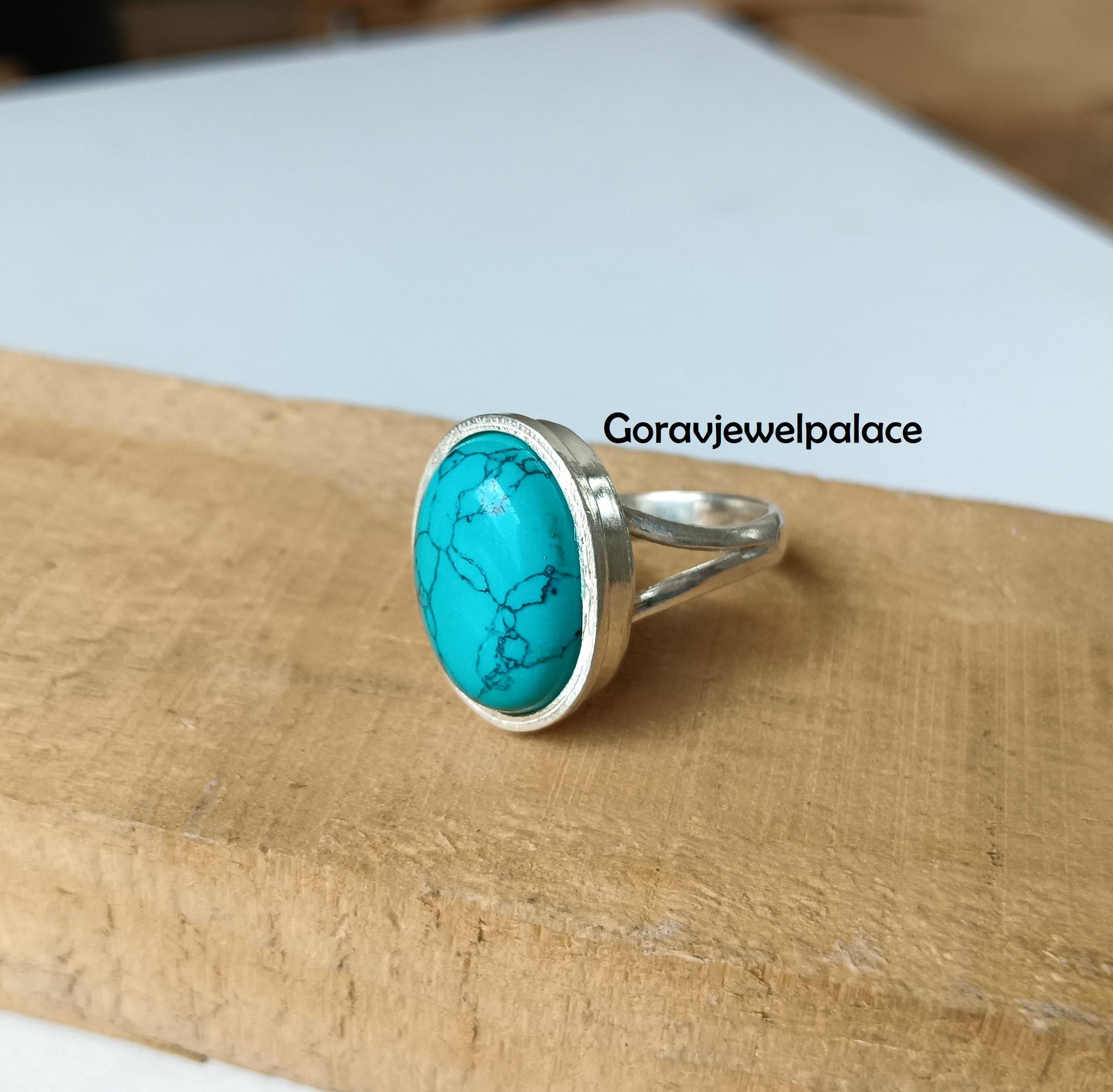 Handmade 925 Sterling Silver Ring – Oval Natural Turquoise Stone – 2 Dot Design – Sizes I To U