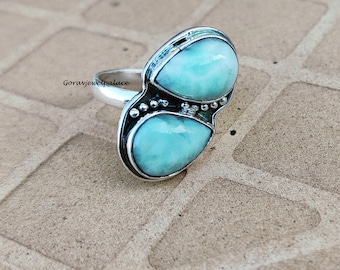 Larimar Ring, Designer Ring, 925 Sterling Zilveren Ring, Twee Stenen Ring, Handgemaakte Ring, Evenementen Ring, Vrouwen Ring, Boho Ring, Mooie Gift Ring