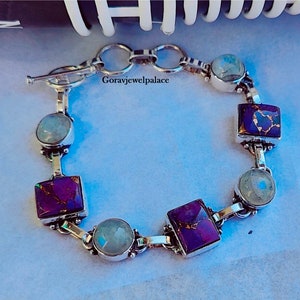 Paars koper Turquoise & Moonstone armband, 925 zilveren armband, damesarmband, nieuwste armband, designer armband, handgemaakte cadeauarmband afbeelding 4
