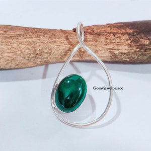 Handmade Oval Malachite Pendant: 925 Sterling Silver Necklace