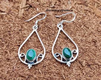 Handmade Malachite Dangle Earrings: 925 Sterling Silver, Oval Gemstone