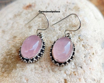 Boucle d'oreille en quartz rose, Boucle d'oreille pendante et pendante, Boucle d'oreille faite main en argent 925, Pierres précieuses, Qualité supérieure, Cadeau pour elle, Bijoux de créateur