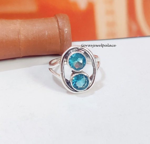Bague En Argent 925 Avec Deux Topazes Bleues Naturelles - Poids 4,45g (22 CT) - Occasion