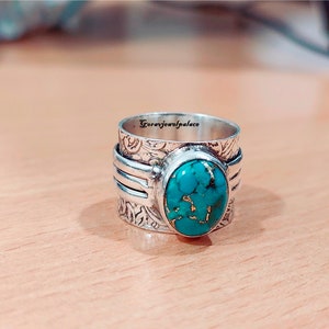 Prehniet ring, 925 sterling zilveren ring, handgemaakte ring, bandring, vrouwen sieraden, ovale stenen ring, cadeau sieraden, Boho ring, prehniet sieraden. Copper Turquoise