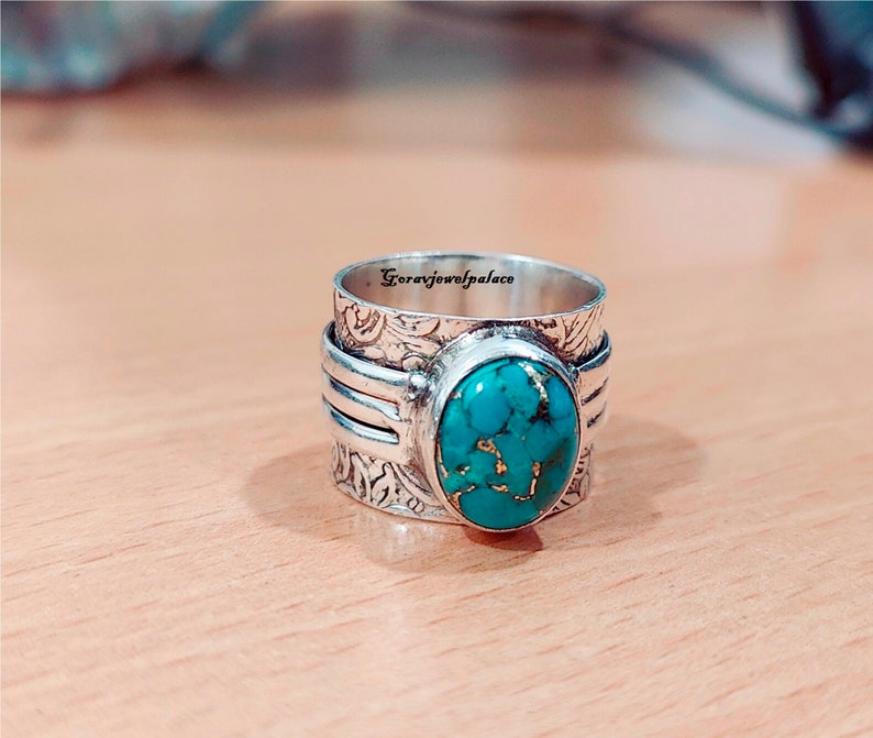 Anillo de prehnita, anillo de plata de ley 925, anillo hecho a mano, anillo de banda, joyería de mujer, anillo de piedra ovalada, joyería de regalo, anillo boho, joyería de prehnita. Copper Turquoise