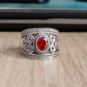 Handmade Garnet Sterling Silver Band Ring: Boho Wedding Jewelry