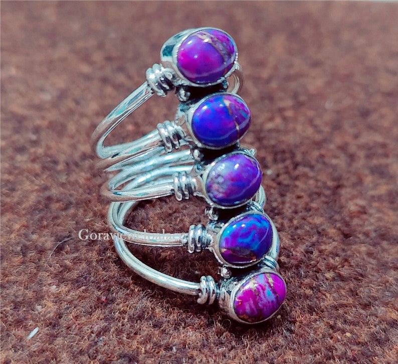 Lila Kupfer Türkis Ring, Fünf-Stein-Designer-Bandring, 925er Silberring, handgefertigter Ring, ovaler Steinring, Frauen-Geschenkschmuck, Boho-Ring Bild 9