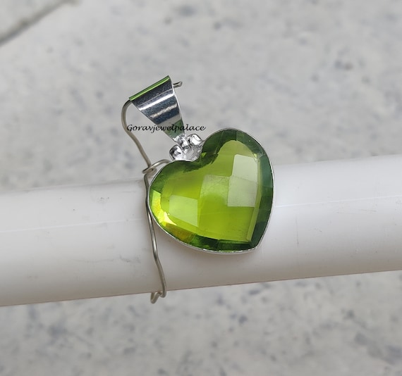 Handmade Peridot Heart Pendant: 925 Sterling Silver Necklace 