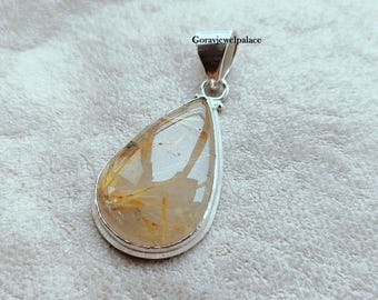 Golden Rutile Pear Pendant: Handmade 925 Silver Jewelry
