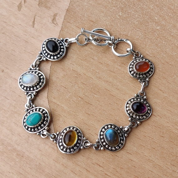Labradorite Sterling Silver Bracelet: Seven Stone Bohemian Jewelry