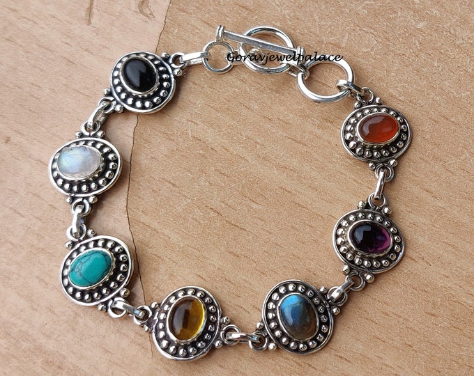 Labradorite Sterling Silver Bracelet: Seven Stone Bohemian Jewelry