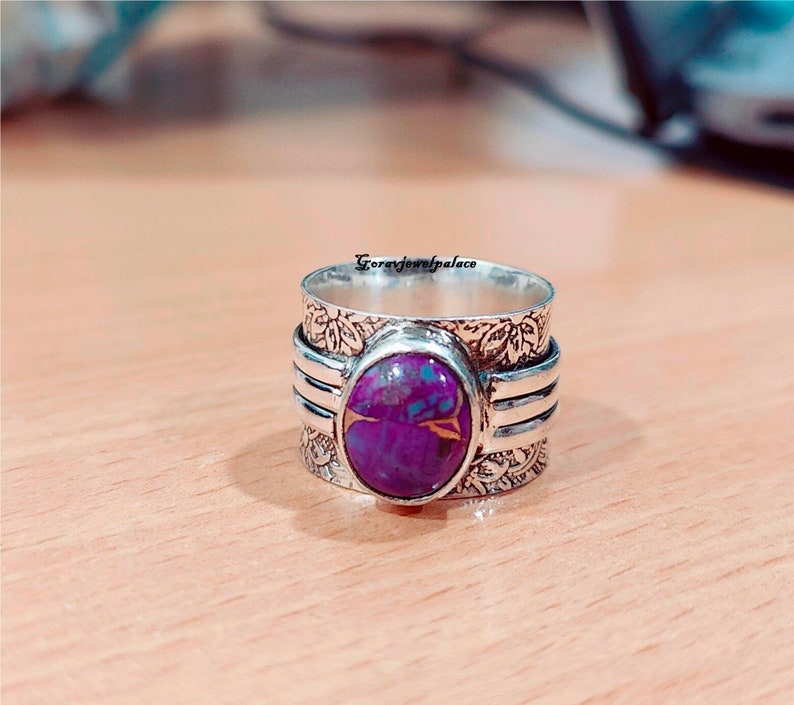 Anillo de prehnita, anillo de plata de ley 925, anillo hecho a mano, anillo de banda, joyería de mujer, anillo de piedra ovalada, joyería de regalo, anillo boho, joyería de prehnita. Purple Turquoise
