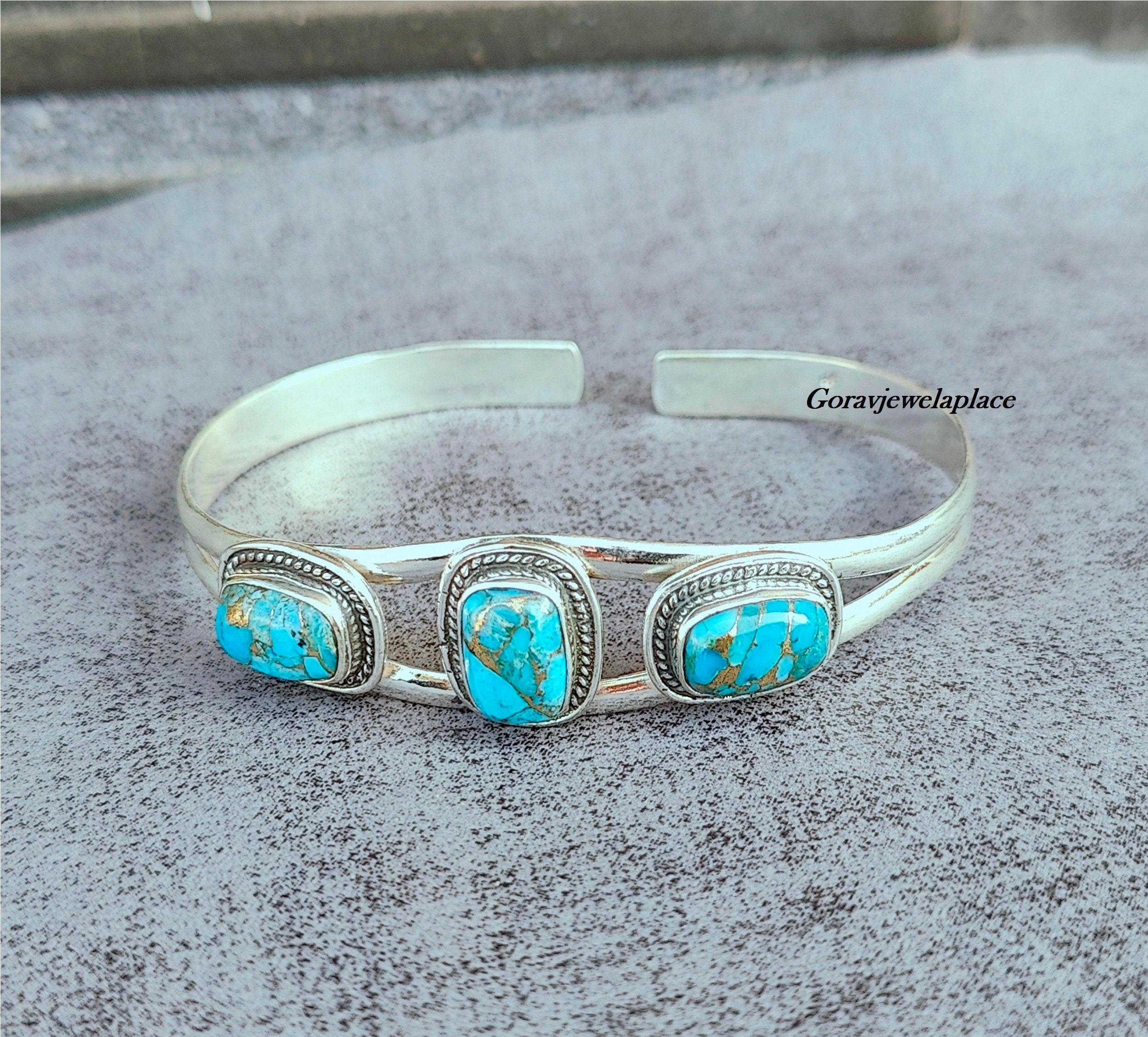 Copper Turquoise 925 Silver Bangle: Adjustable Cuff Bracelet - Etsy