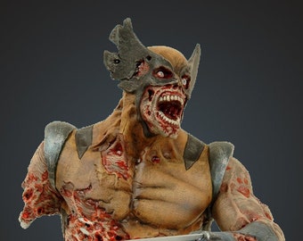 May include: A detailed bust of a zombie Wolverine, with exposed bones and blood, holding out his claws. The bust is set on a base of skulls and bones.