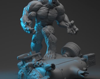 May include: A gray figurine of the Hulk, a muscular superhero, standing on a destroyed mechanical structure. The Hulk is depicted with an open mouth, as if roaring, and is in a dynamic pose, ready for action.