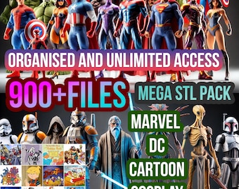 May include: Digital art featuring numerous superhero figurines, including Superman, Captain America, and the Hulk. Text overlay reads "ORGANISED AND UNLIMITED ACCESS" and "900+ FILES MEGA STL PACK." Additional text includes "MARVEL," "DC," "CARTOON," "COSPLAY," and "ICONIC ALL."