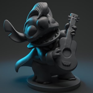 May include: A grey figurine of a cartoon character with a pompadour hairstyle, wearing a cape and holding a ukulele. The character has a wide grin and is standing on a circular base. The image is lit with blue light.