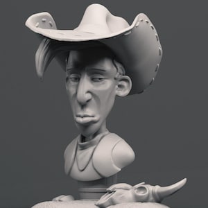 May include: A grey, cartoon-style bust of a cowboy wearing a wide-brimmed hat. The cowboy has a serious expression and is holding a skull in his hand.