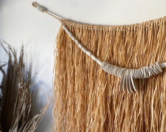 Raffia, Sepia Bone, Hand Rolled Clay Beaded Boho Coastal Wall Hanging, Madagascan Raffia