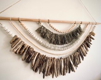 Olive Raffia Driftwood & Clay Beaded Wall Hanging, Boho Coastal Wall Decor, Palm Leaf Wall Hanging, Macrame Wall Hanging ***Made to Order***