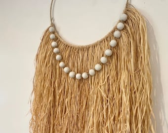 Raffia Hand Rolled Clay Beaded Wall Hanging, Large Wall Hanging, Boho Coastal Wall Decor, Palm Leaf Wall Hanging, Macrame Wall Hanging