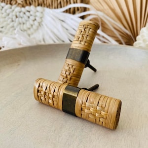 Rattan Cabinet Knob, Wood Rattan Furniture Pull, Coastal Handles, Rattan Dresser Handle