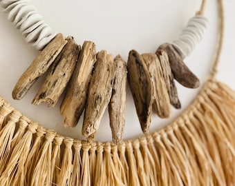 Driftwood Raffia and White Clay Bead Wall Hanging, Boho Wall Hanging, Coastal Boho Wall Art