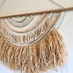 Raffia Hand Rolled Clay Beaded Wall Hanging, Large Wall Hanging, Boho Coastal Wall Decor, Palm Leaf Wall Hanging, Macrame Wall Hanging