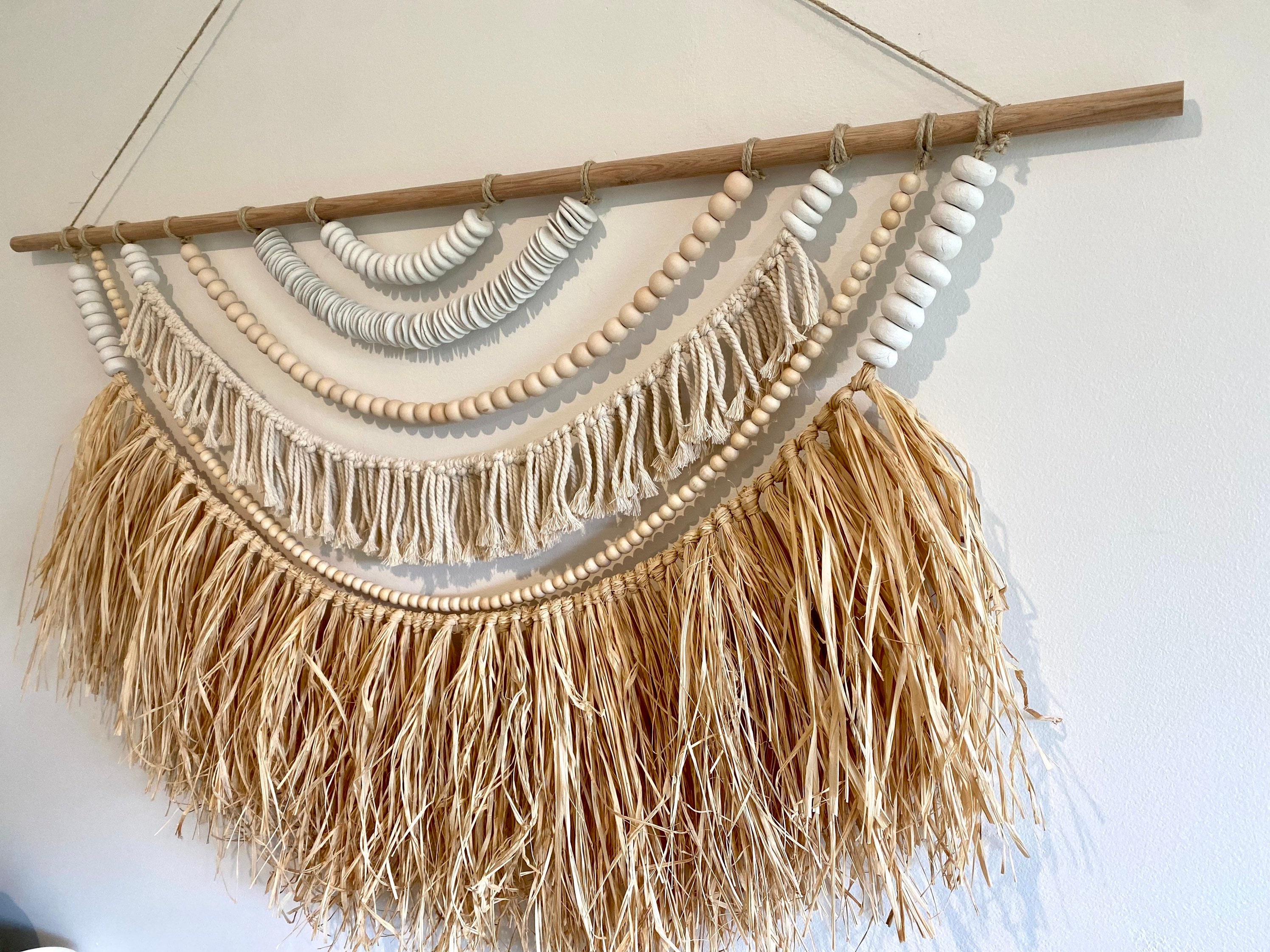 Raffia Hand Rolled Clay Beaded Wall Hanging, Large Wall Hanging, Boho Coastal Wall Decor, Palm Leaf Wall Hanging, Macrame Wall Hanging
