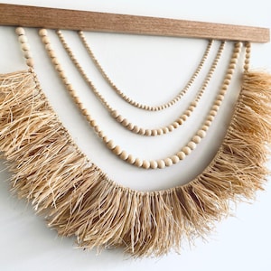 Raffia Natural Wood Beaded Wall Hanging, Boho Coastal Wall Decor, Palm Leaf Wall Hanging, Macrame Wall Hanging, Boho Wall Art