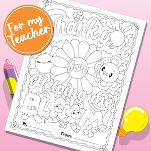 Joli cadeau d'appréciation du professeur, coloriage imprimable, merci de m'avoir aidé à m'épanouir, feuille à colorier, fin d'école, téléchargement numérique PDF