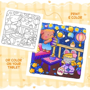 May include: A colorful illustration of a bear and a mouse on a balcony, holding lanterns. The image is a coloring page and a colored version. Text reads "Print & Color" and "Or Color on Your Tablet".
