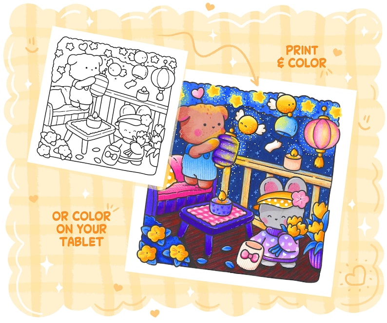 May include: A colorful illustration of a bear and a mouse on a balcony, holding lanterns. The image is a coloring page and a colored version. Text reads "Print & Color" and "Or Color on Your Tablet".