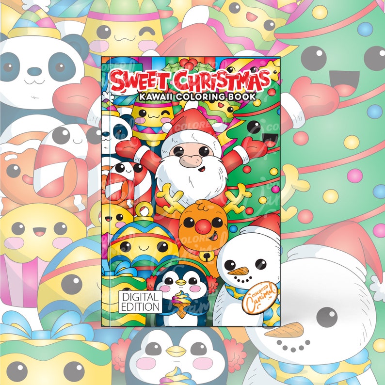 Kawaii Christmas Coloring Book, Printable Instant Digital Download PDF, Colorable Pages with Santa Animals, Joyful Elves, Festive Desserts image 1