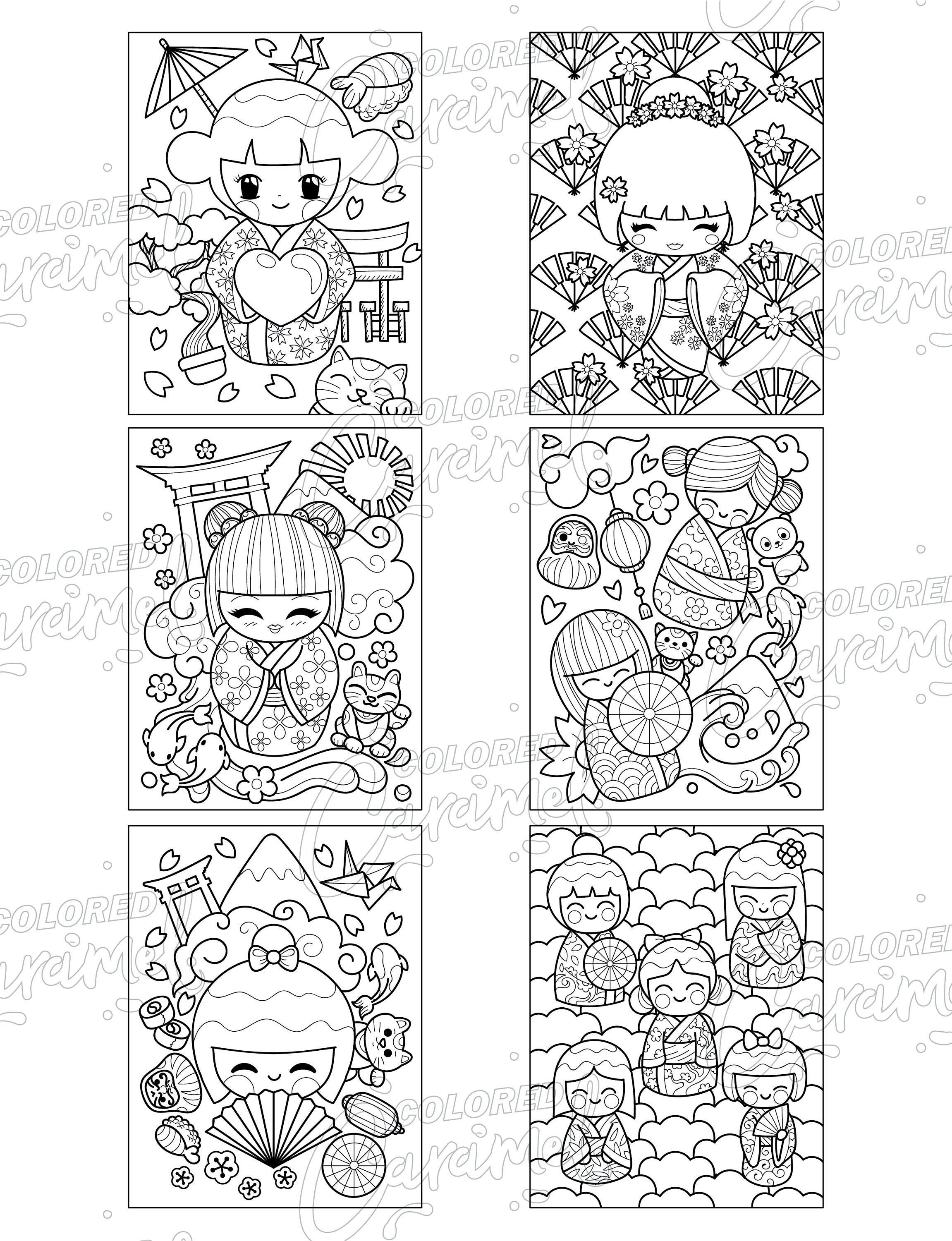 Kawaii Kokeshi Dolls Japanese Coloring Book with Cherry | Etsy