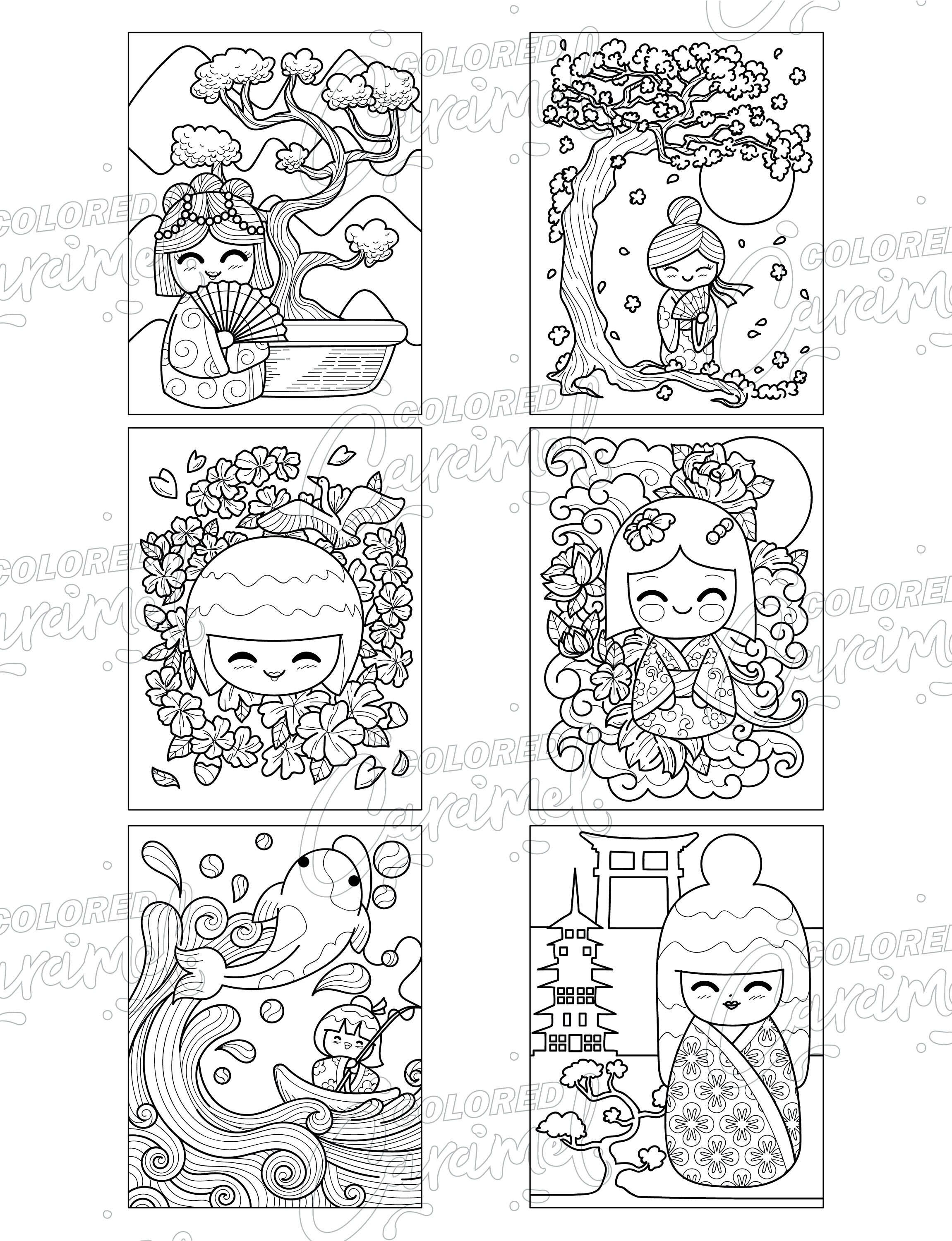 Kawaii Kokeshi Dolls Japanese Coloring Book with Cherry | Etsy