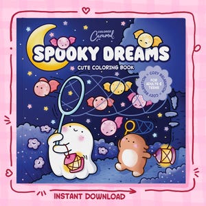 May include: A "Spooky Dreams" colouring book with a dark blue cover featuring a crescent moon, stars, and cartoon candies. The cover includes the text "Colored Caramel" and "Cute Coloring Book". A ghost and a bear are also featured.