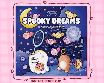 以下が含まれることがあります： 「Spooky Dreams」の塗り絵本。濃い青色の表紙には三日月、星、漫画のキャンディーが描かれています。「Colored Caramel」と「Cute Coloring Book」の文字も含まれています。幽霊とクマも描かれています。