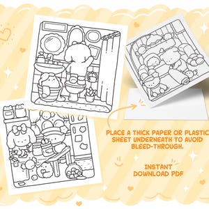 May include: Three black and white line art illustrations of cute characters in various domestic settings. One shows a bathroom scene, another a bedroom, and the third a kitchen. Text on the image reads "PLACE A THICK PAPER OR PLASTIC SHEET UNDERNEATH TO AVOID BLEED-THROUGH. INSTANT DOWNLOAD PDF."