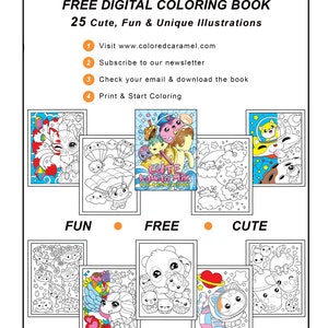 May include: A free digital coloring book with 25 cute, fun, and unique illustrations. The cover features a cartoon character with a pink and blue color scheme. The book is available for download after subscribing to the newsletter.